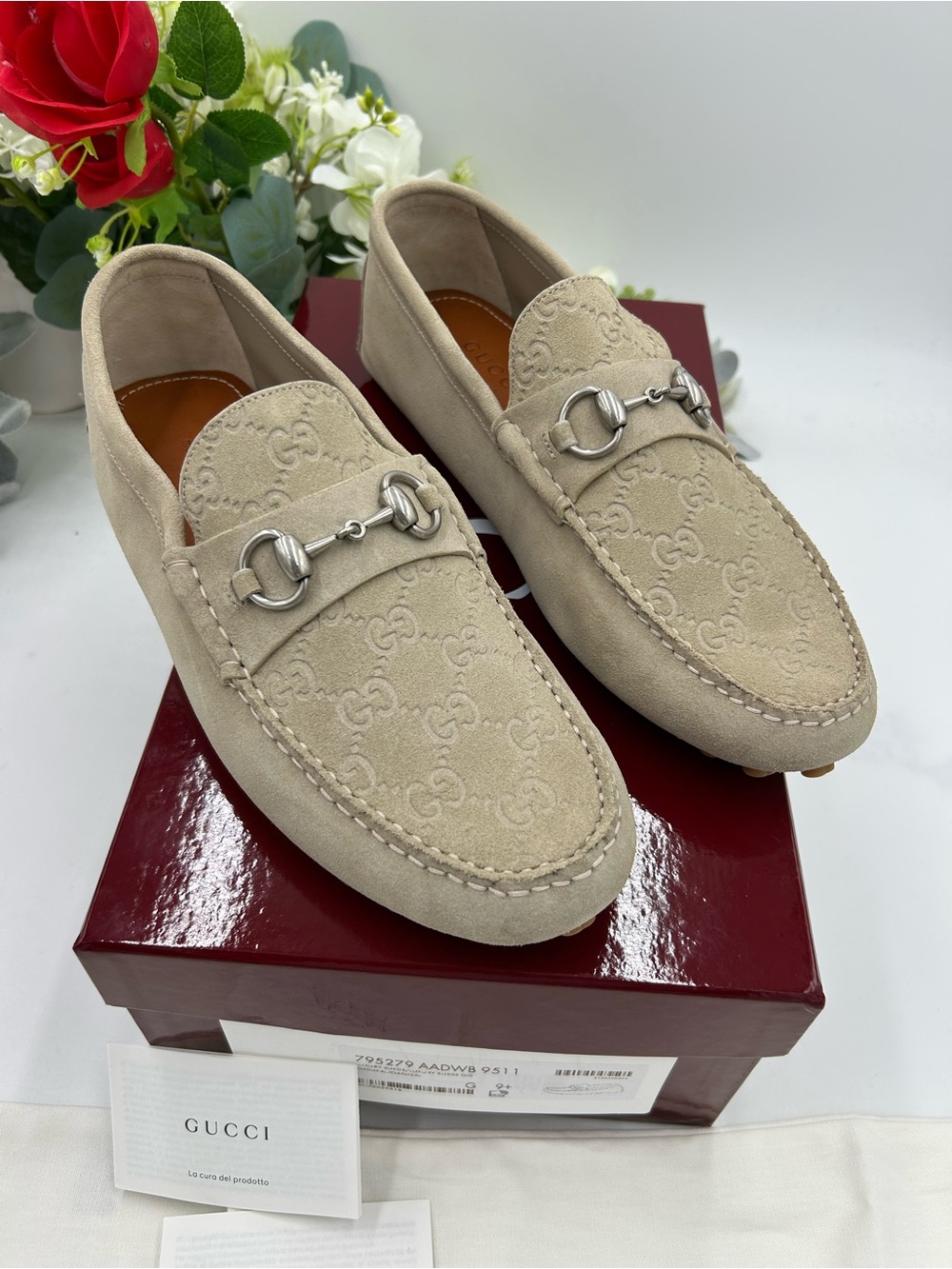 Men's Gucci GG embossed suede driver loafers size 9.5 fits 10.5 US made in Italy